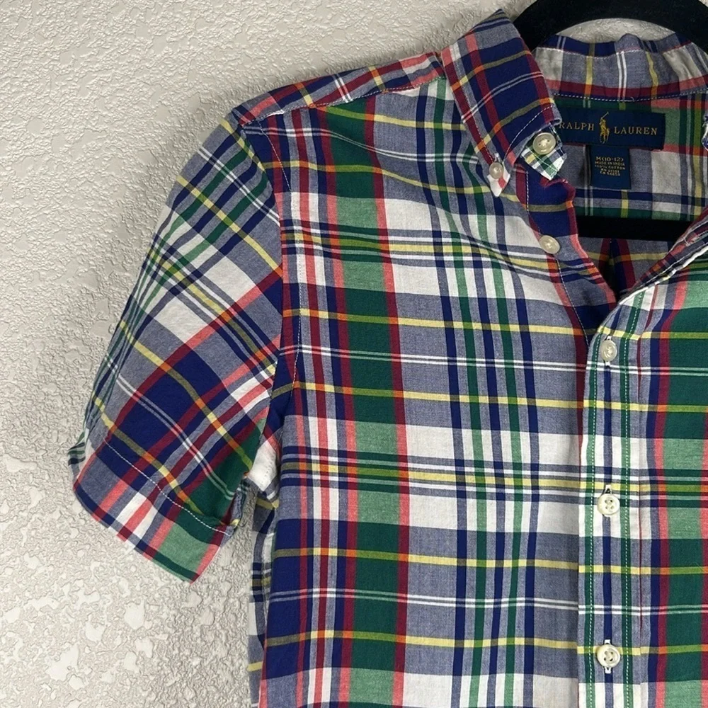 Ralph Lauren Boys Plaid Classic Short Sleeve Button Down Shirt Size Medium 10/12